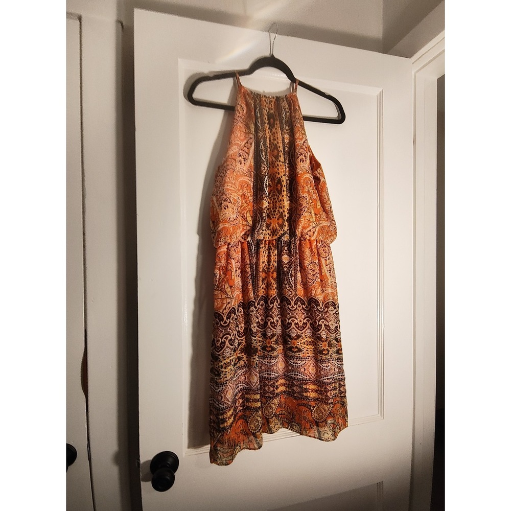 London Times Dress Size 6 Orange Paisley Halter Boho Midi Blouson Summer